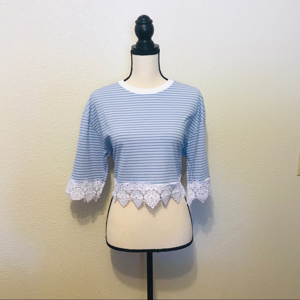 TOPSHOP Stripe Lace Hem Crop Shirt - Picture 2 of 8